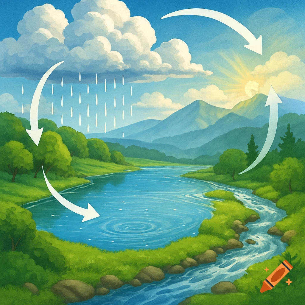Illustration of the water cycle showing clouds raining into a river, which flows into a large body of water, with arrows indicating evaporation to the sun and back to clouds over mountains and trees.