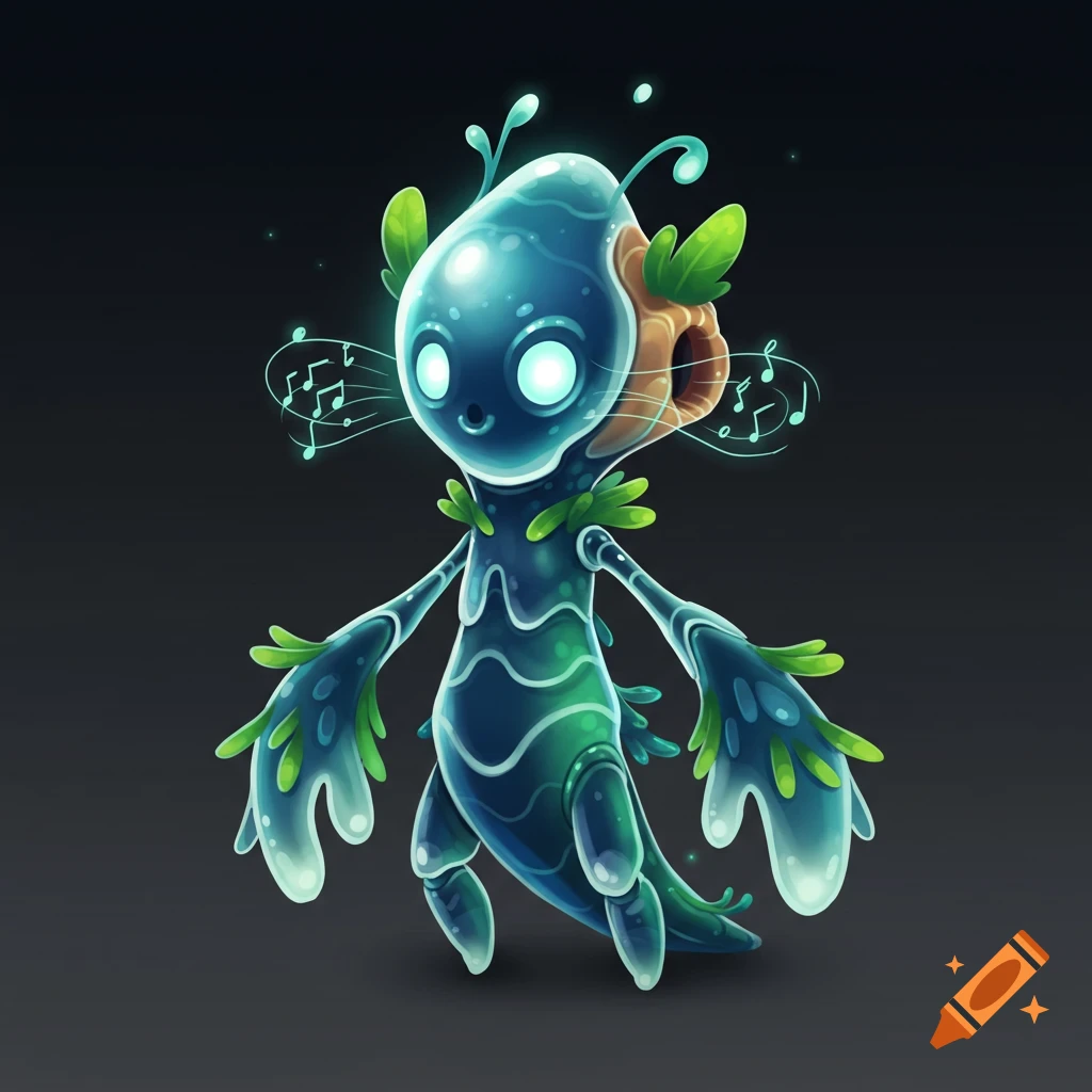 A blue and green stylized monster with glowing eyes, translucent limbs, and green leaves, with musical notes floating around its head, against a dark background.