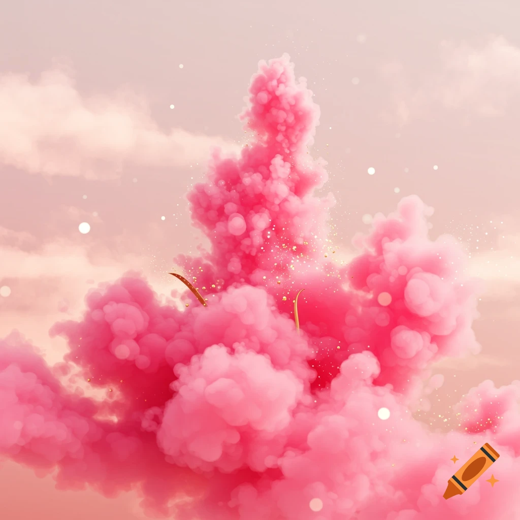 Vibrant pink smoke plume with golden sparkles and curved elements against a soft pink sky.