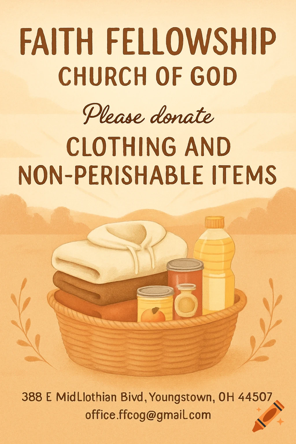Illustrative flyer for Faith Fellowship Church of God, requesting clothing and non-perishable donations.