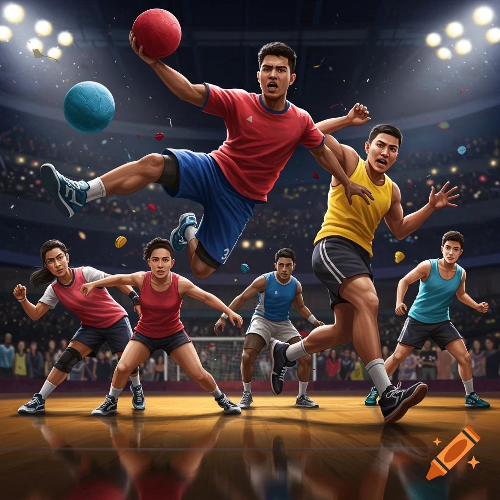 Photorealistic image of multiple players on a court during an intense dodgeball game in a brightly lit stadium.