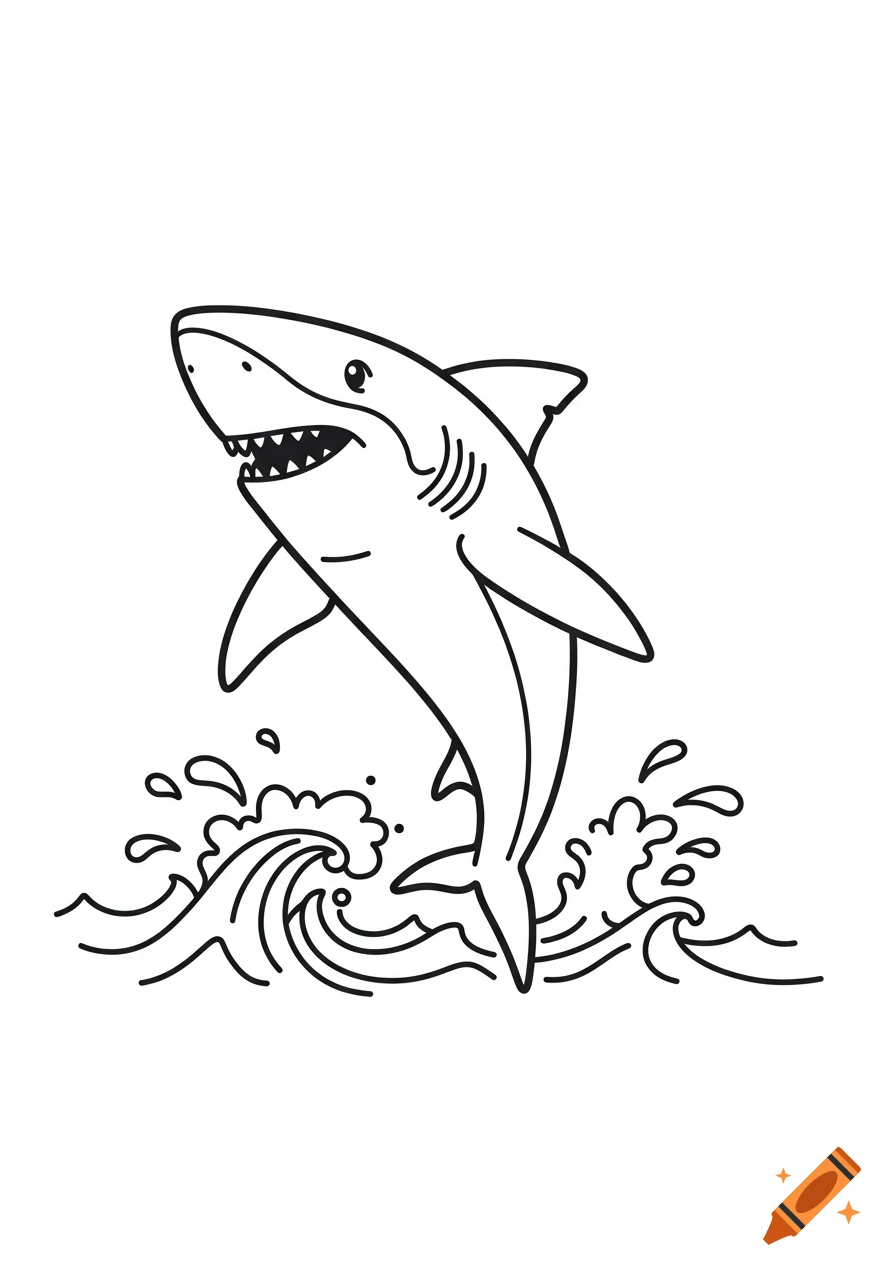Bold-line illustration of a friendly shark jumping out of water with its mouth open.