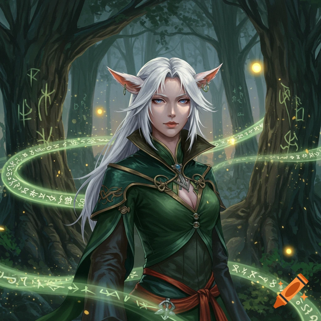 A white-haired female elf in a green robe stands in a dark forest surrounded by glowing magical runes.