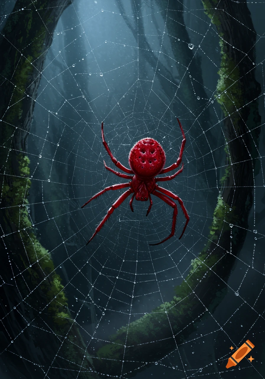A vibrant red spider with a bumpy abdomen sits in the center of a dew-covered spiderweb in a dark, misty forest.