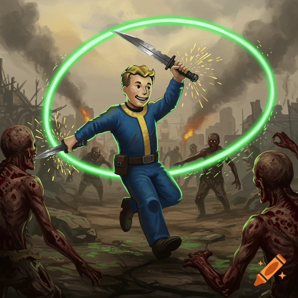Vault Boy in a blue jumpsuit with two knives and a green energy shield fights decaying zombies in a ruined city.