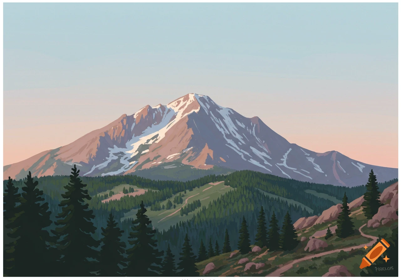 Stylized painting of a snow-capped mountain, green forests, and a winding path, under a pastel sky.