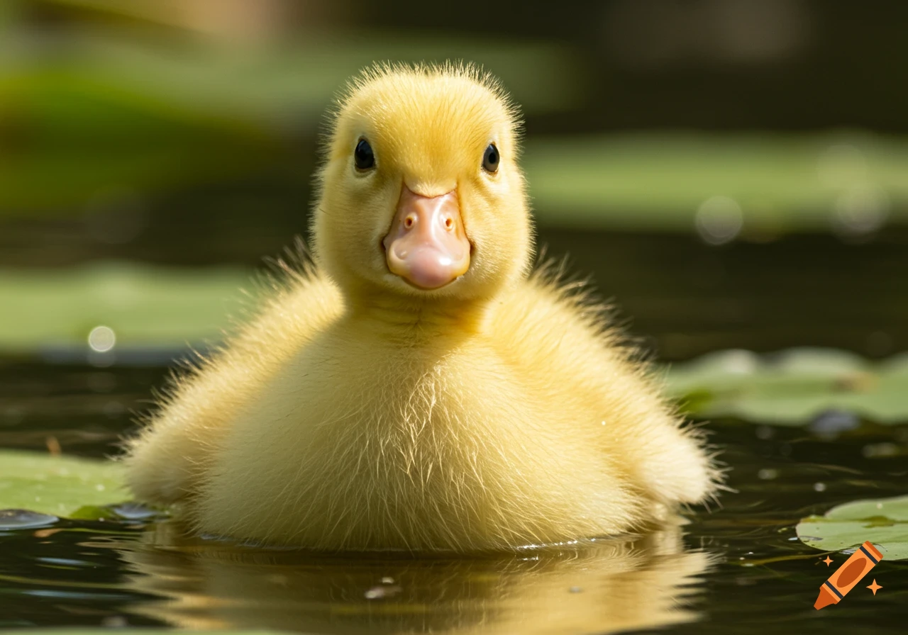 Close-up of a fluffy yellow duckling swimming in water with a blurred green background, photorealistic style.