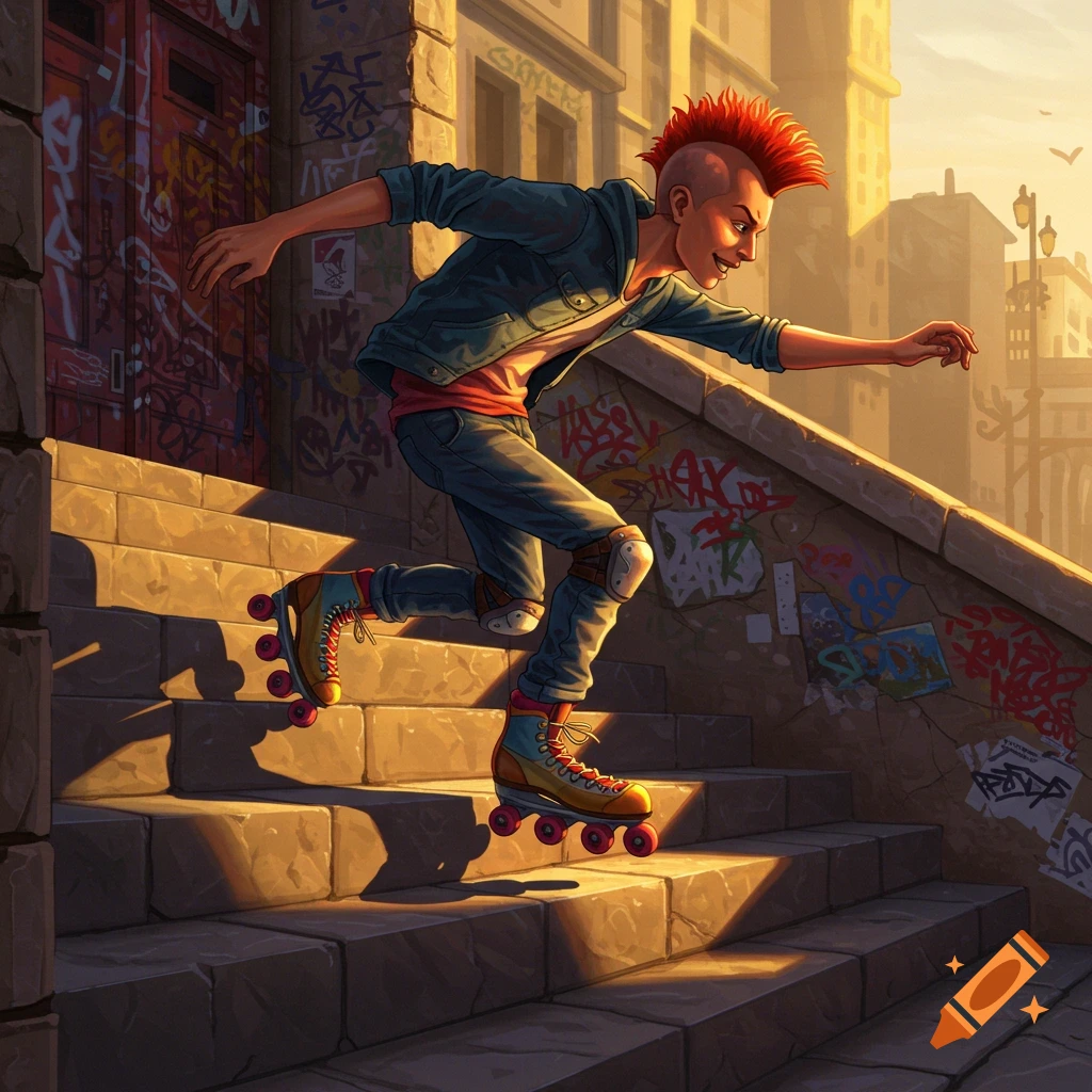 A red-haired person with a mohawk wearing roller skates runs up graffiti-covered stone stairs in a sunny urban scene.