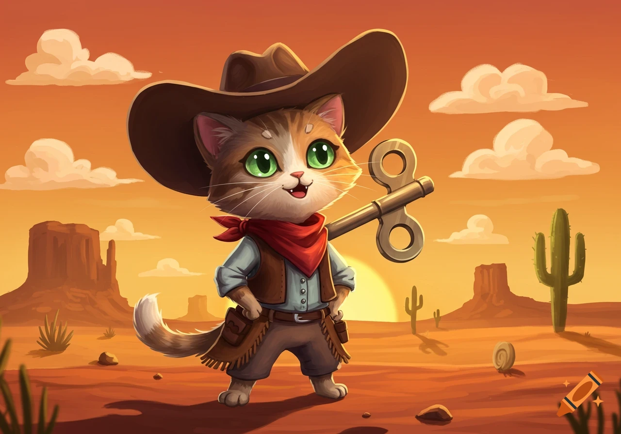 A cute cartoon cat dressed as a cowboy with a wind-up key on its back stands in a desert landscape at sunset.