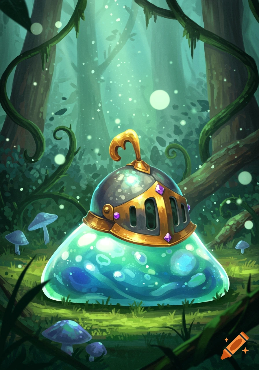 A blue-green slime creature wearing a knight's helmet sits in a whimsical forest with mushrooms and glowing particles.