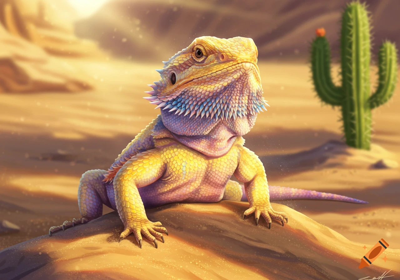 A colorful yellow, pink, and blue bearded dragon sits on a sand dune in a sunlit desert, with a cactus in the background. Digital painting.