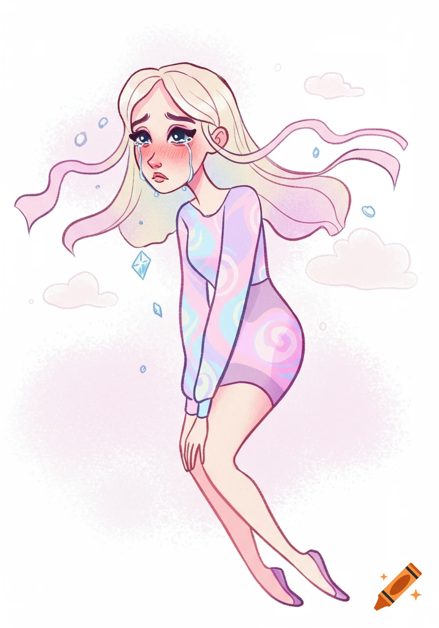Full-body cartoon illustration of a blonde woman in a pastel swirl dress, crying while floating amidst small clouds and diamonds.