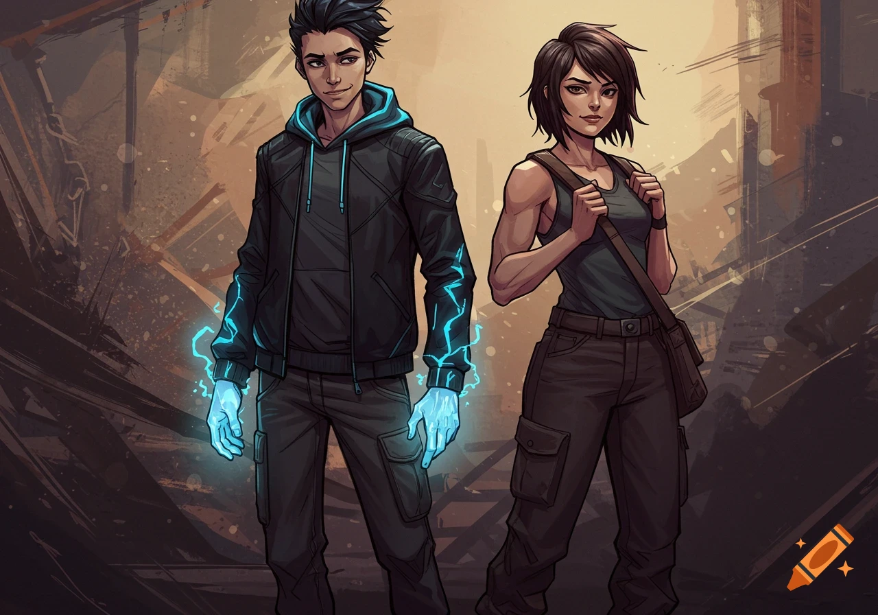 A stylized comic art illustration of a young man with glowing blue hands standing next to a young woman with a satchel.
