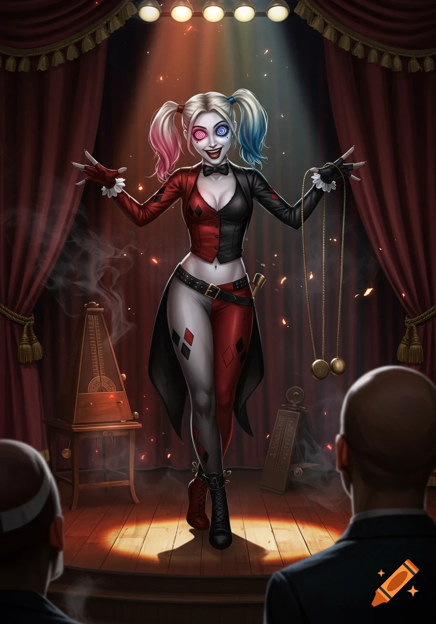 Stylized illustration of Harley Quinn with spiral eyes on a stage, holding chains, under spotlights with red curtains in the background, performing for an audience.