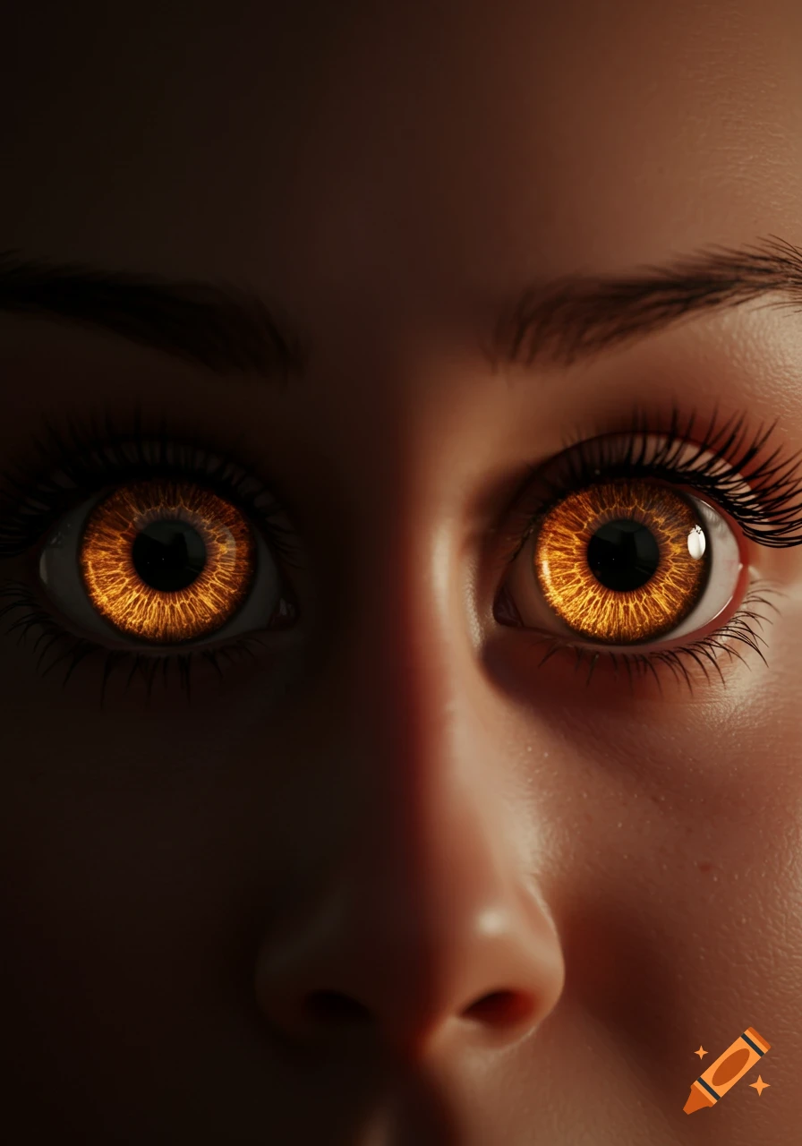 A close-up of two bright, glowing golden-orange eyes with black pupils, set in a face mostly in shadow.