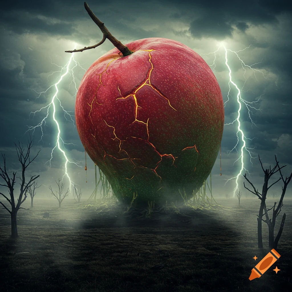 A giant, glowing, cracked mango with roots emerges from the ground in a barren, stormy landscape with lightning.