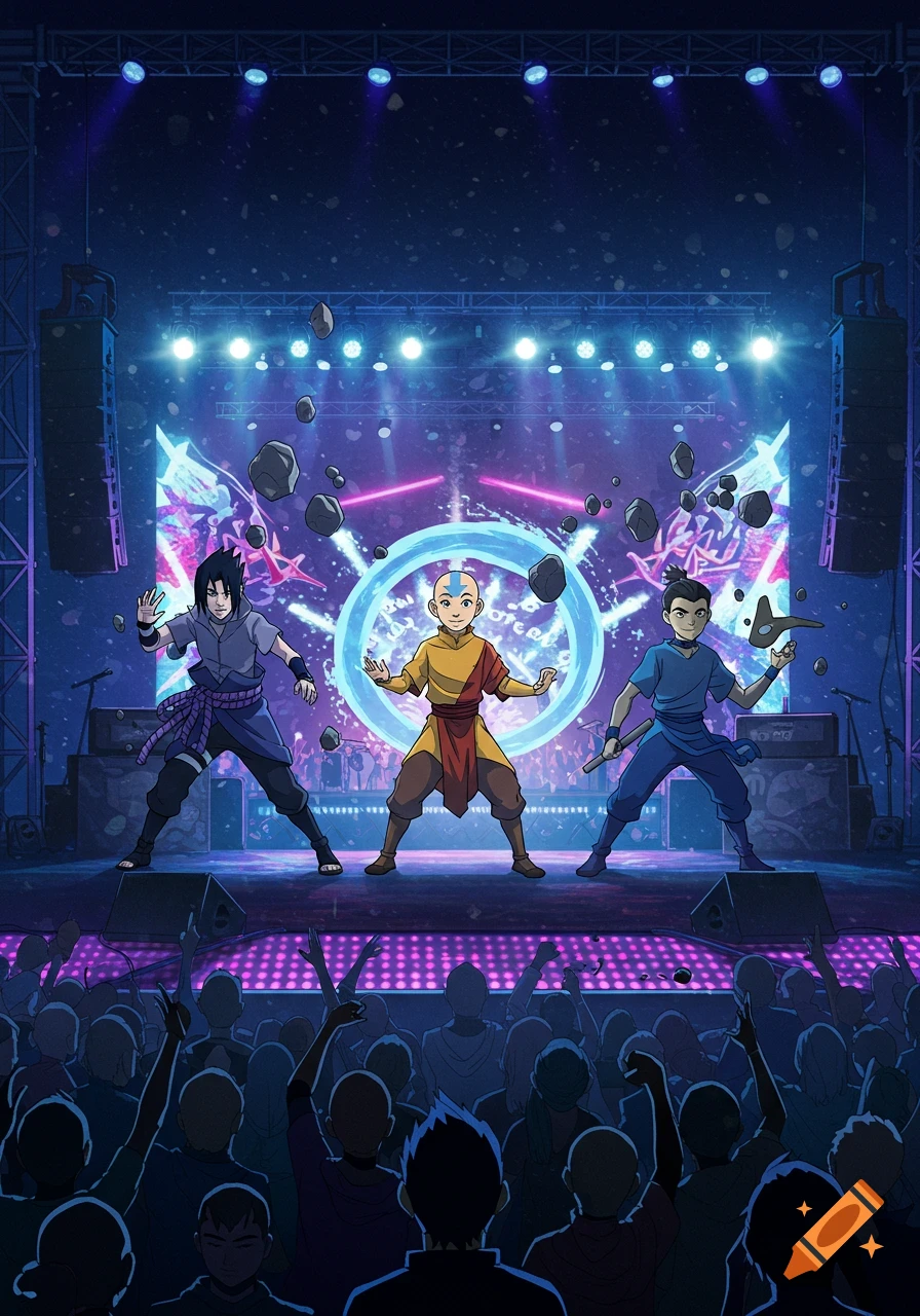 Anime characters Sasuke, Aang, and Sokka on a brightly lit concert stage, surrounded by floating rocks and energy, performing for a crowd.