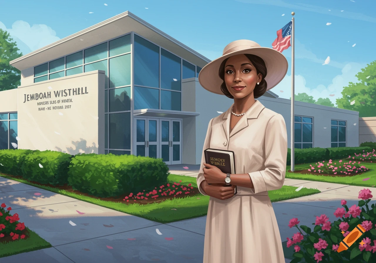 A woman in a cream dress and sun hat stands in front of a modern building with a flag, holding a book, with lush green landscaping and pink flowers.