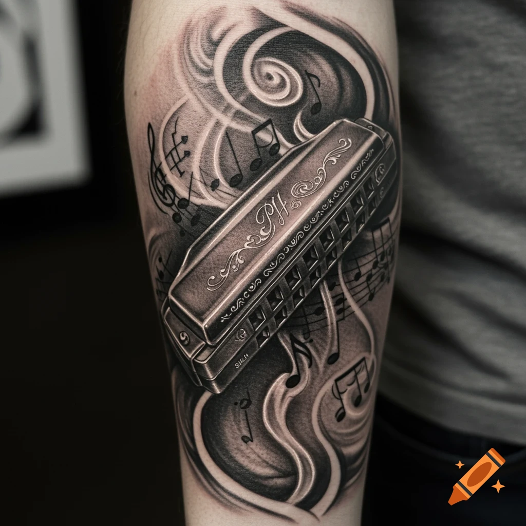 A detailed black and white tattoo of a harmonica with musical notes and smoke-like swirls on a person's arm.