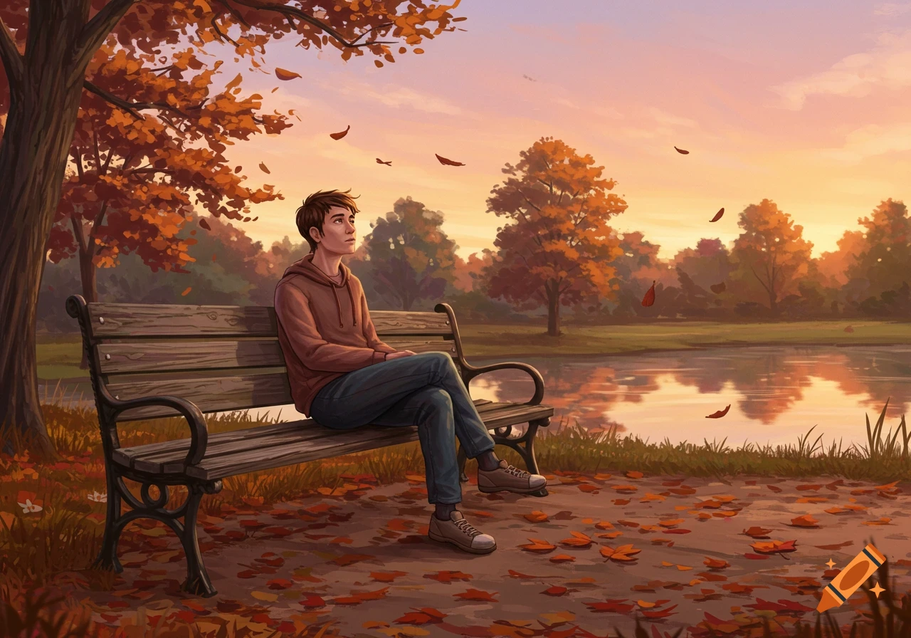 An illustration of a young man sitting on a park bench, looking up, with autumn leaves falling and a pond reflecting the sunset.
