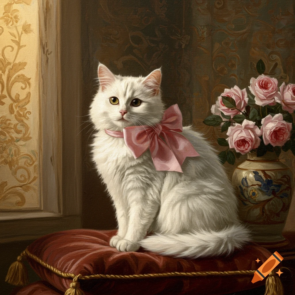 A white fluffy cat with a pink bow sits on a red velvet cushion next to a vase of pink roses in an oil painting style.