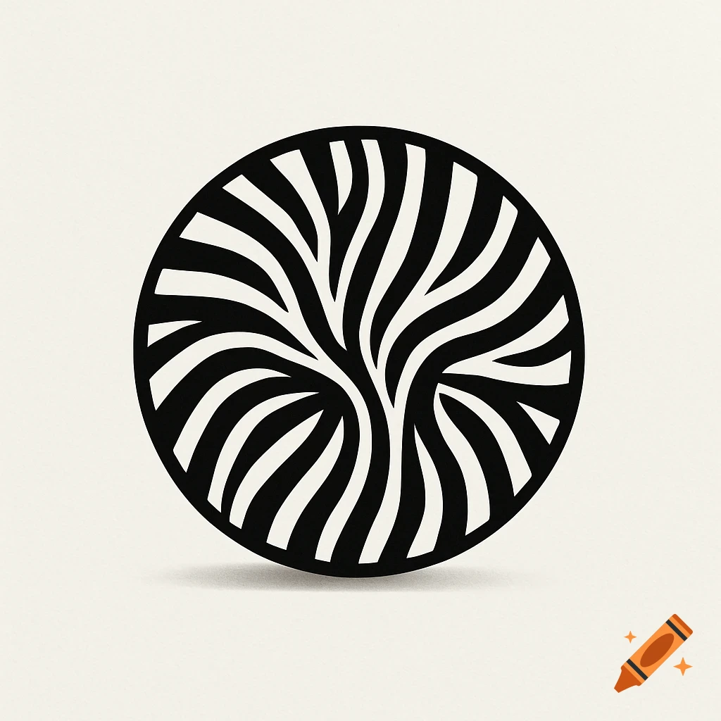 A round black and white logo with swirling, abstract zebra-like stripes on a light background with a shadow.