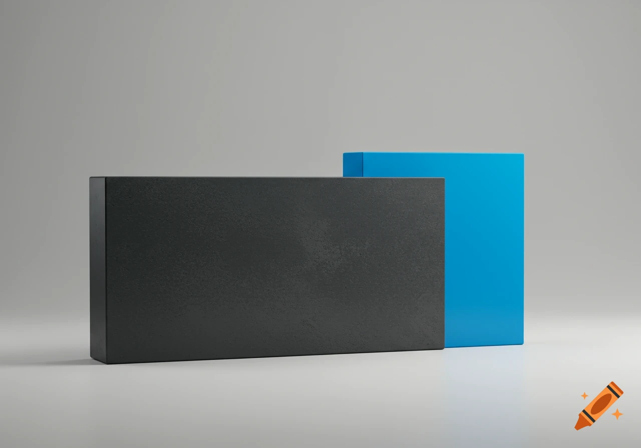 A large black rectangle stands in front of a smaller blue rectangle on a light gray background.