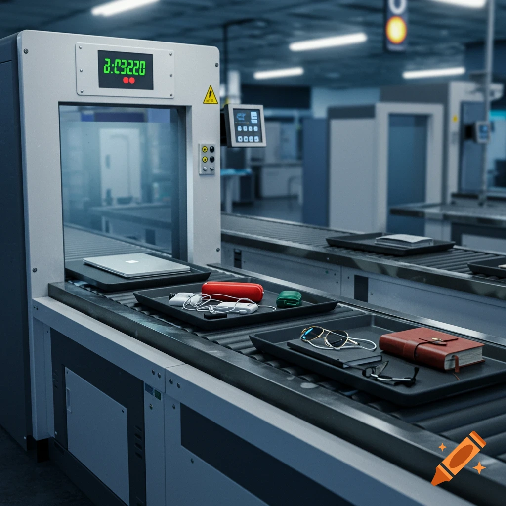 A photorealistic image of an airport security x-ray machine with several trays containing personal items, including a laptop, headphones, glasses, and a book, moving along a conveyor belt.
