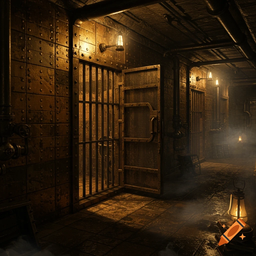 A dark, atmospheric steampunk dungeon hallway with two metal prison cells, one open, illuminated by glowing lanterns, with smoke on the wet floor.