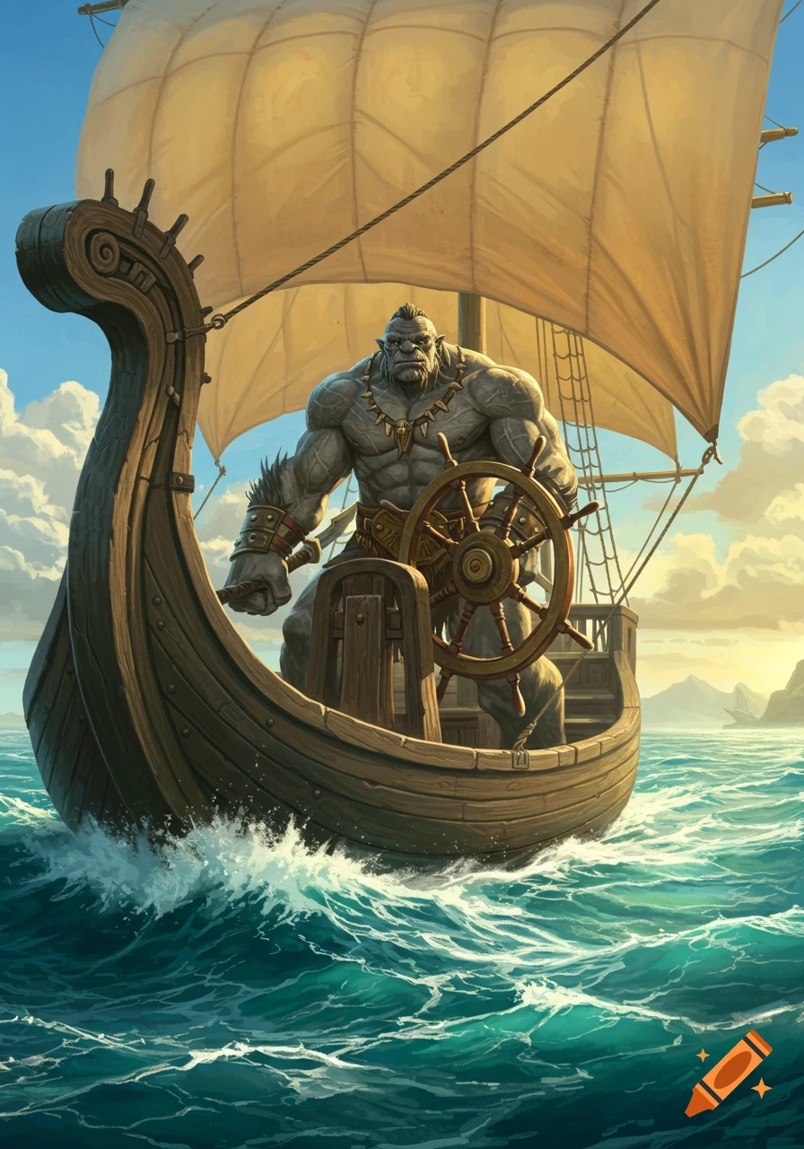 A muscular gray goliath steers a wooden sailboat across a blue ocean under a clear sky, painted digitally.