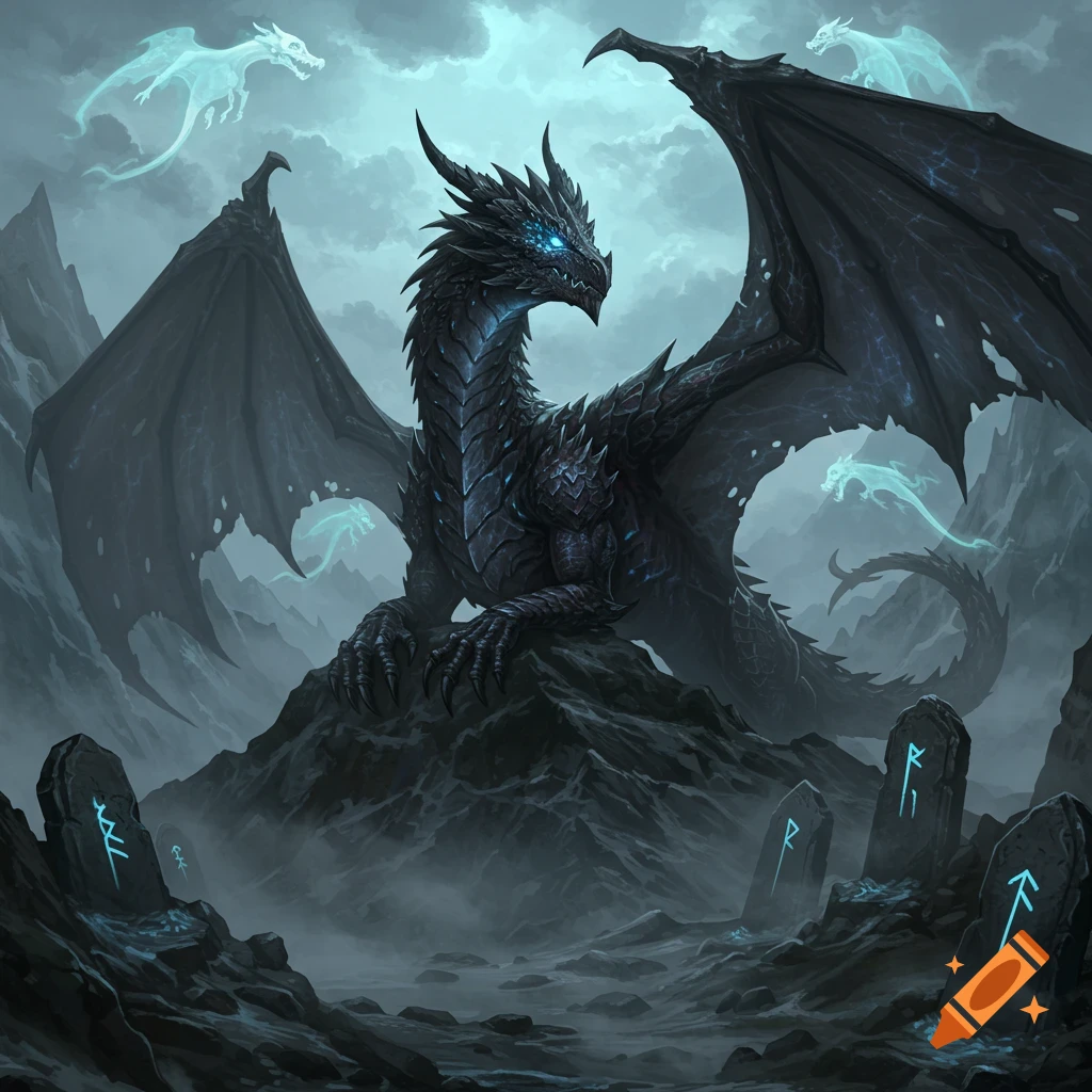 A dark, armored dragon with glowing blue eyes rests on a rocky mountain, surrounded by ethereal ghost dragons and glowing runestones.