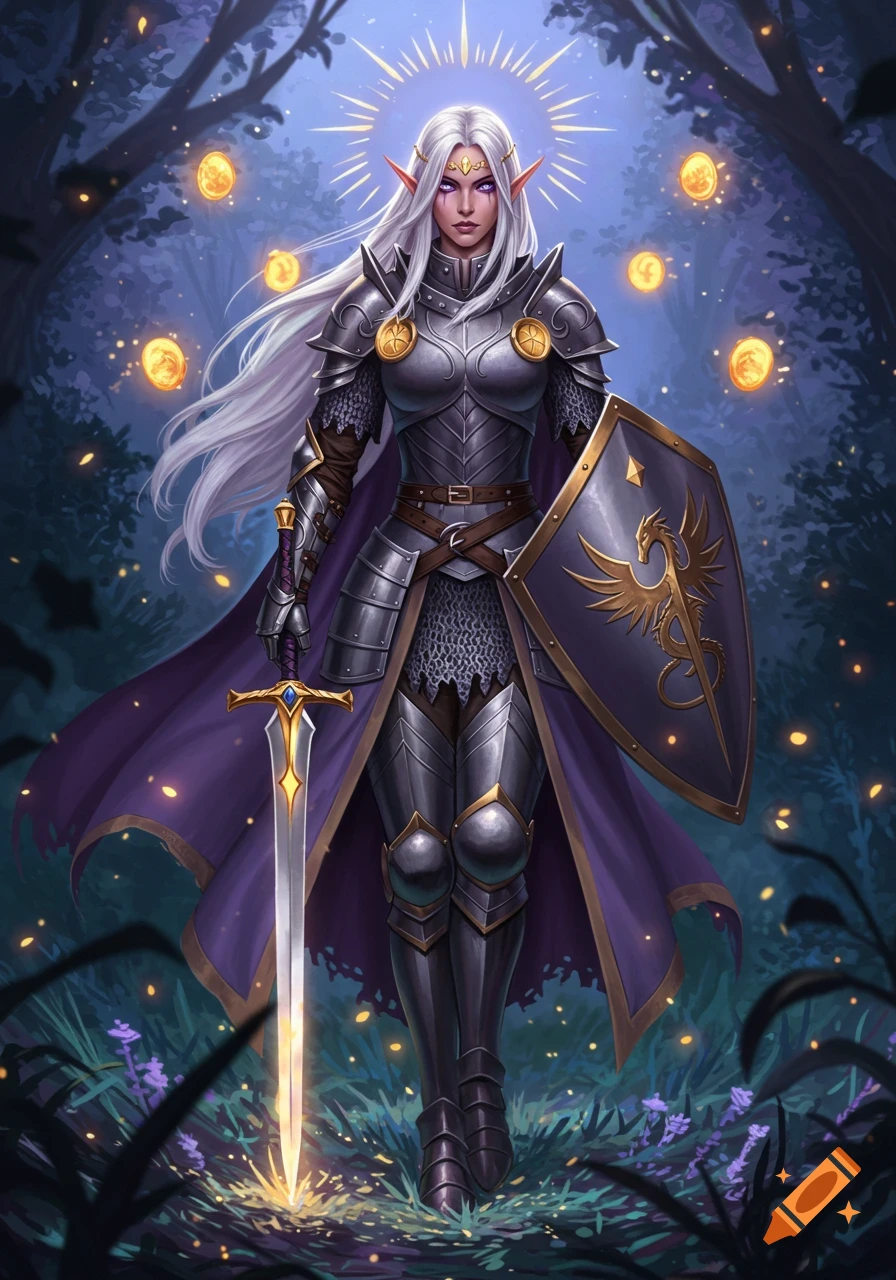 A female elf in plate armor with long silver hair and violet eyes, holding a longsword and a shield with a golden dragon symbol, stands in a mystical forest.