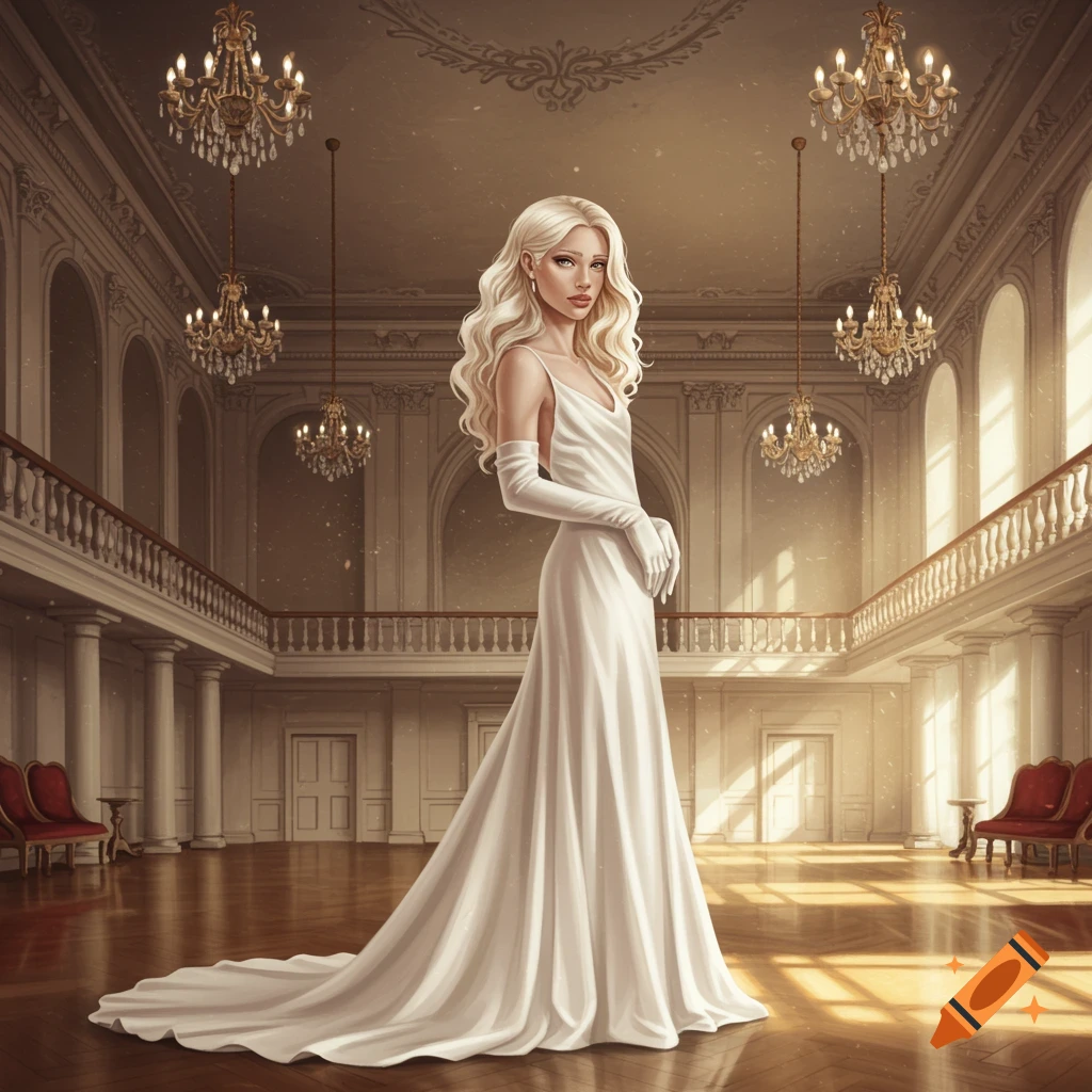 A person with long blonde hair in a flowing white gown and elbow-length gloves stands in a grand ballroom with chandeliers.