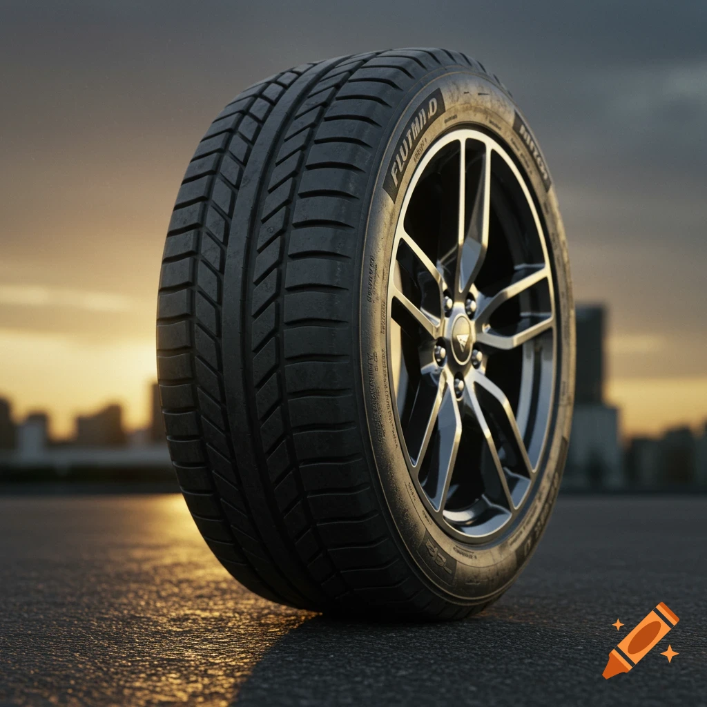 A detailed car tire and black multi-spoke rim stand on wet asphalt with a city skyline at sunset in the background.