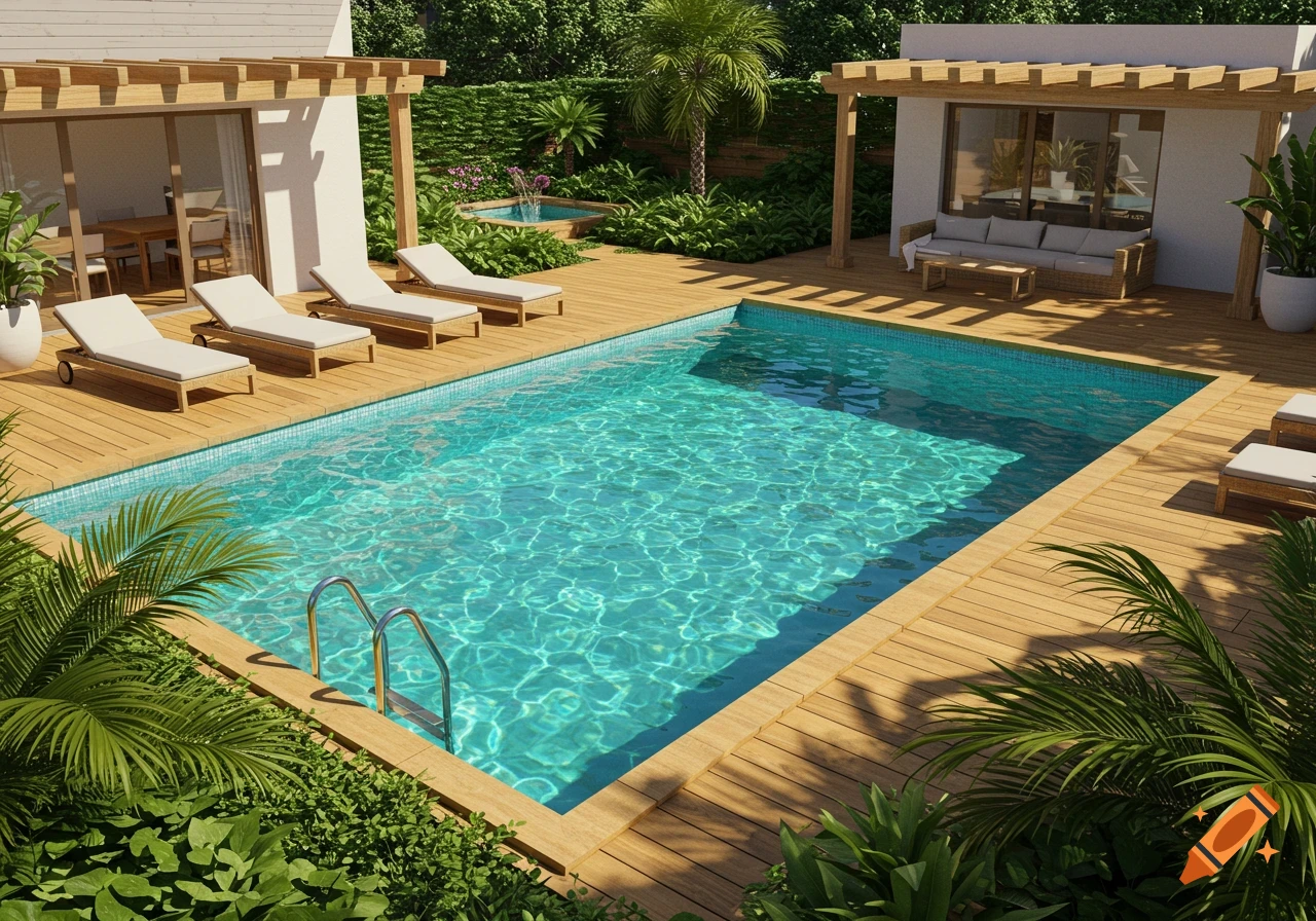 A photorealistic rendering of a modern backyard swimming pool with a light wooden deck, lounge chairs, and lush green landscaping.