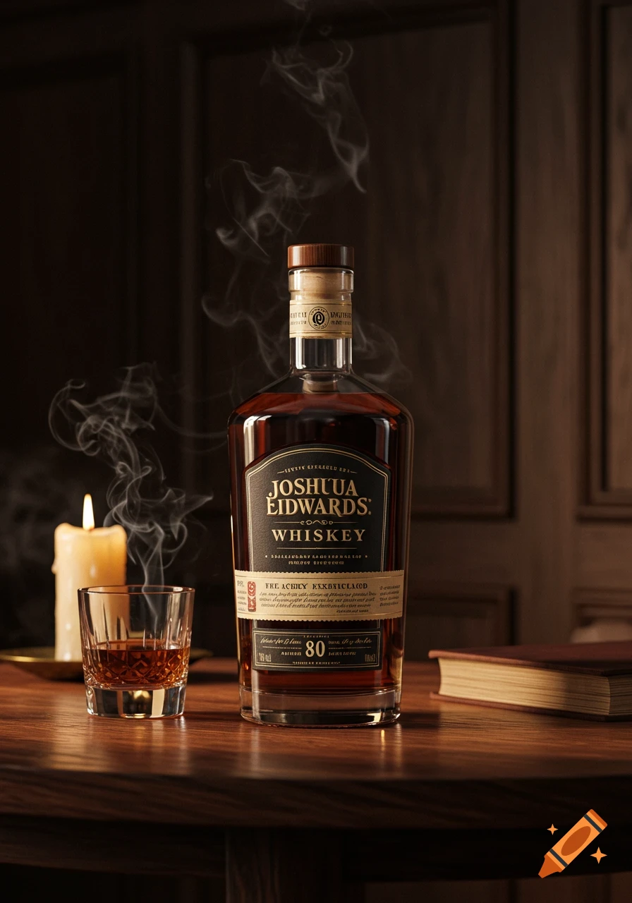A photorealistic image of a bottle of Joshua Eidwards Whiskey next to a glass with whiskey and a lit candle on a wooden table.