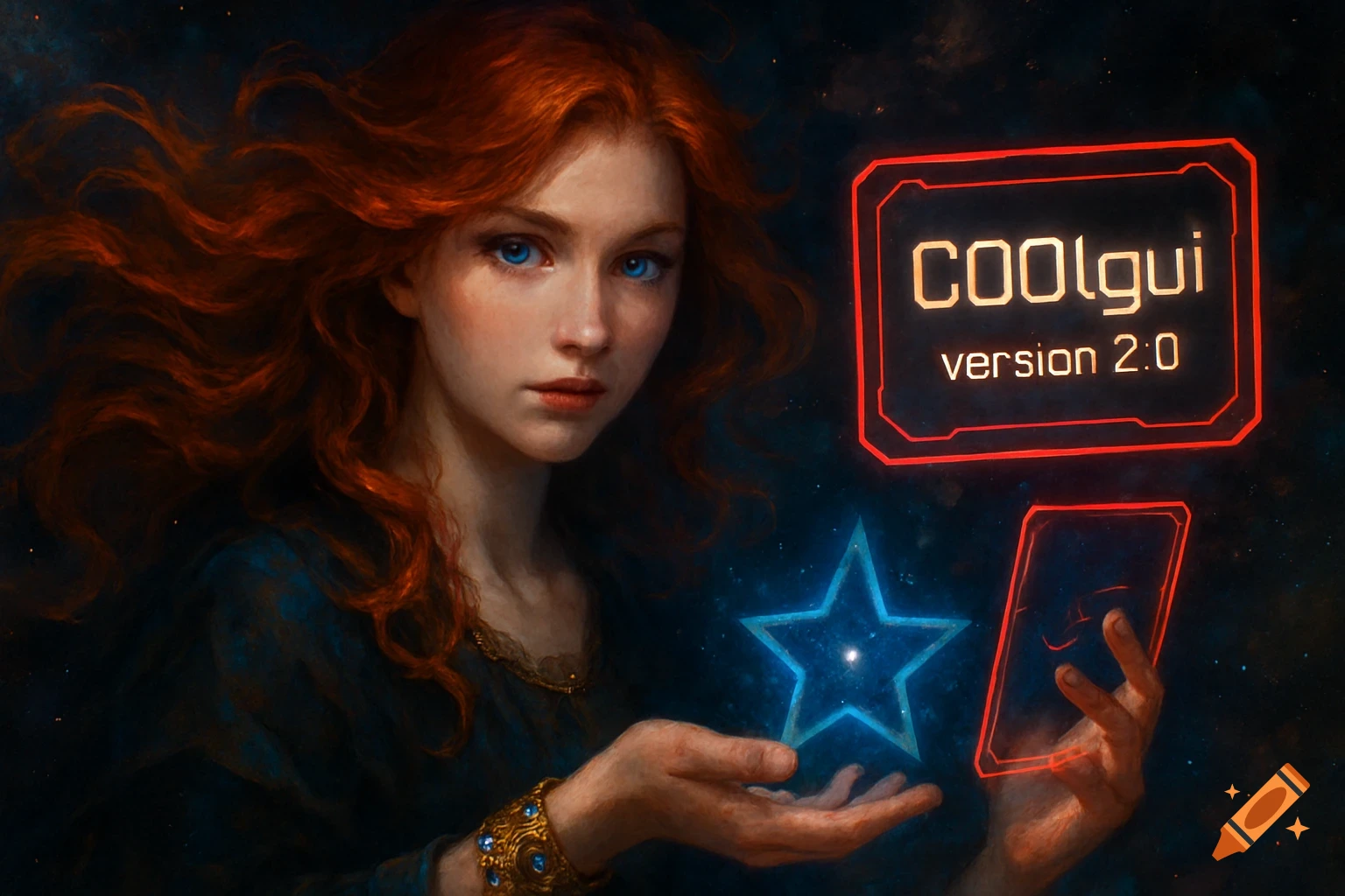 A digital painting of a red-haired woman with blue eyes holding a glowing blue star and a red-bordered screen displaying "C00lgui version 2.0".