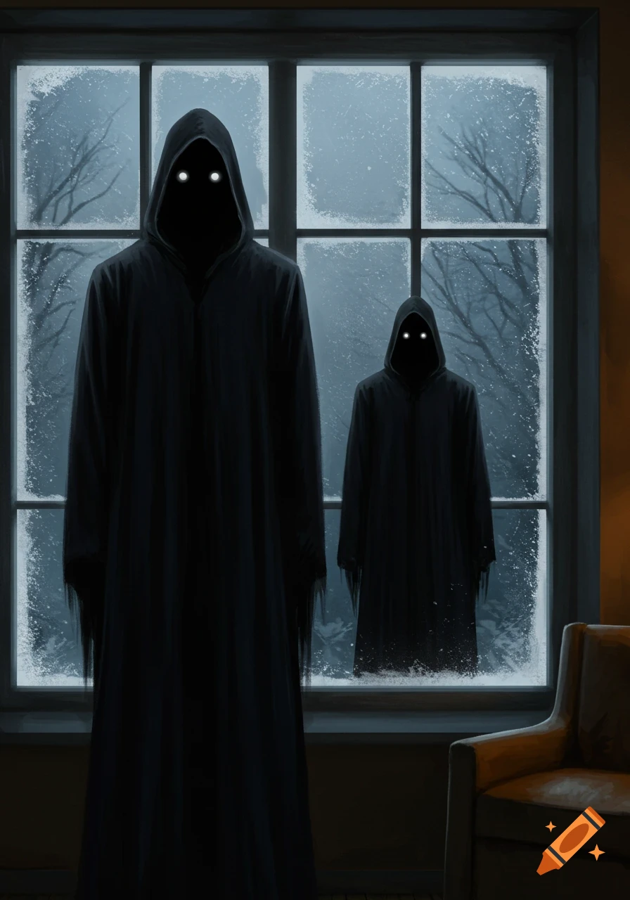 Two dark, hooded figures with glowing white eyes look through a frosty window into a dimly lit room with an armchair.