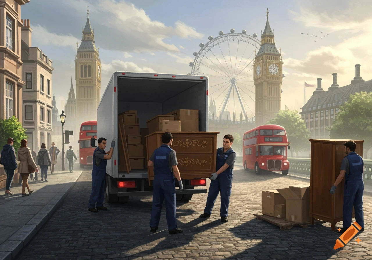 Movers load furniture onto a truck in London, with Big Ben, the London Eye, and double-decker buses in the background.