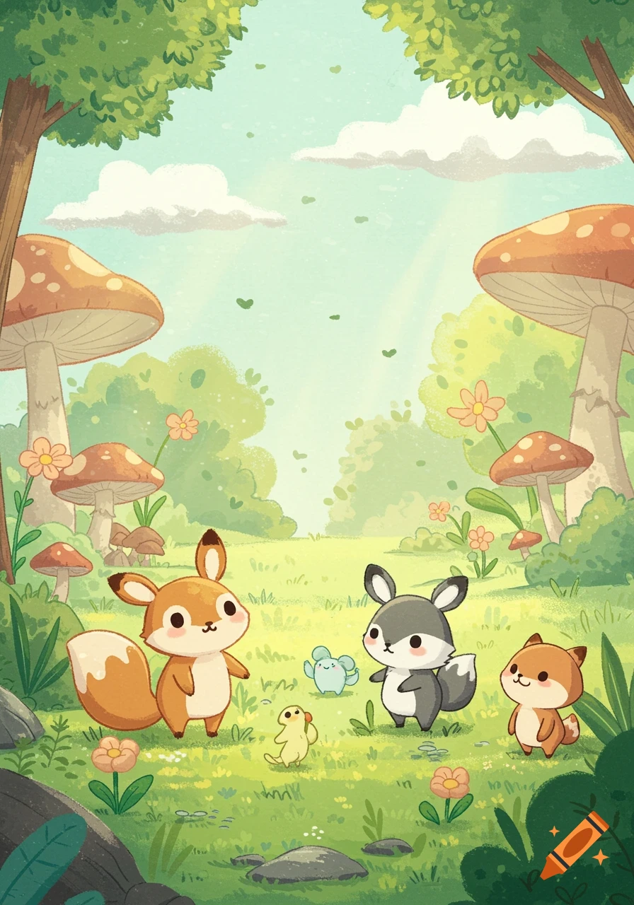 Cute cartoon fox, rabbit, and other small animals in a whimsical forest with large mushrooms and trees, hand-drawn animation style.
