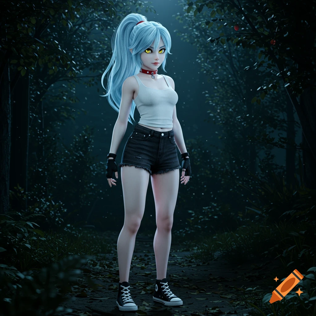 Anime-style female with light blue hair, yellow eyes, and a red choker, standing in a dark forest at night.