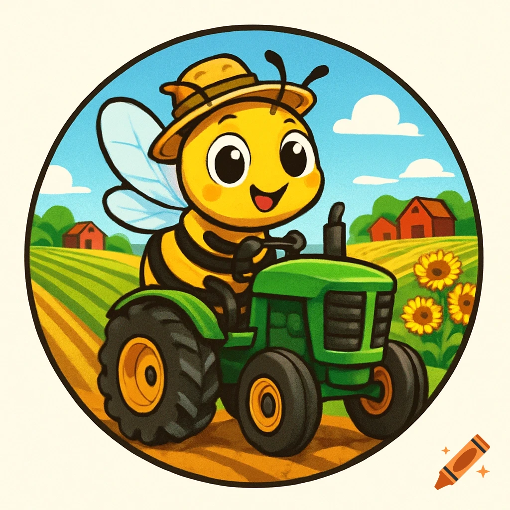 A happy cartoon honey bee wearing a straw hat drives a green tractor through a farm field with barns and sunflowers.
