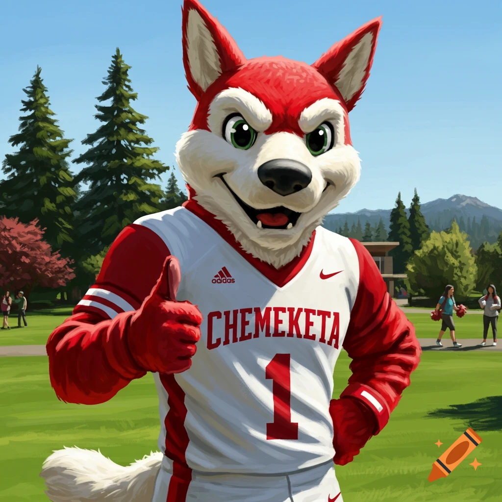 A red and white wolf mascot in a sports jersey giving a thumbs up on a sunny college campus.