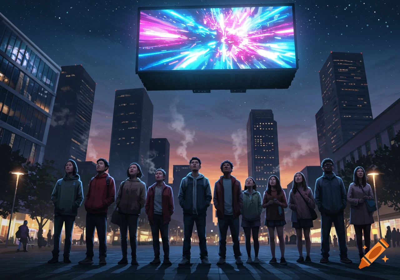A diverse group of people stands in a city at night, looking up at a large jumbotron displaying abstract, colorful lights. Digital art.