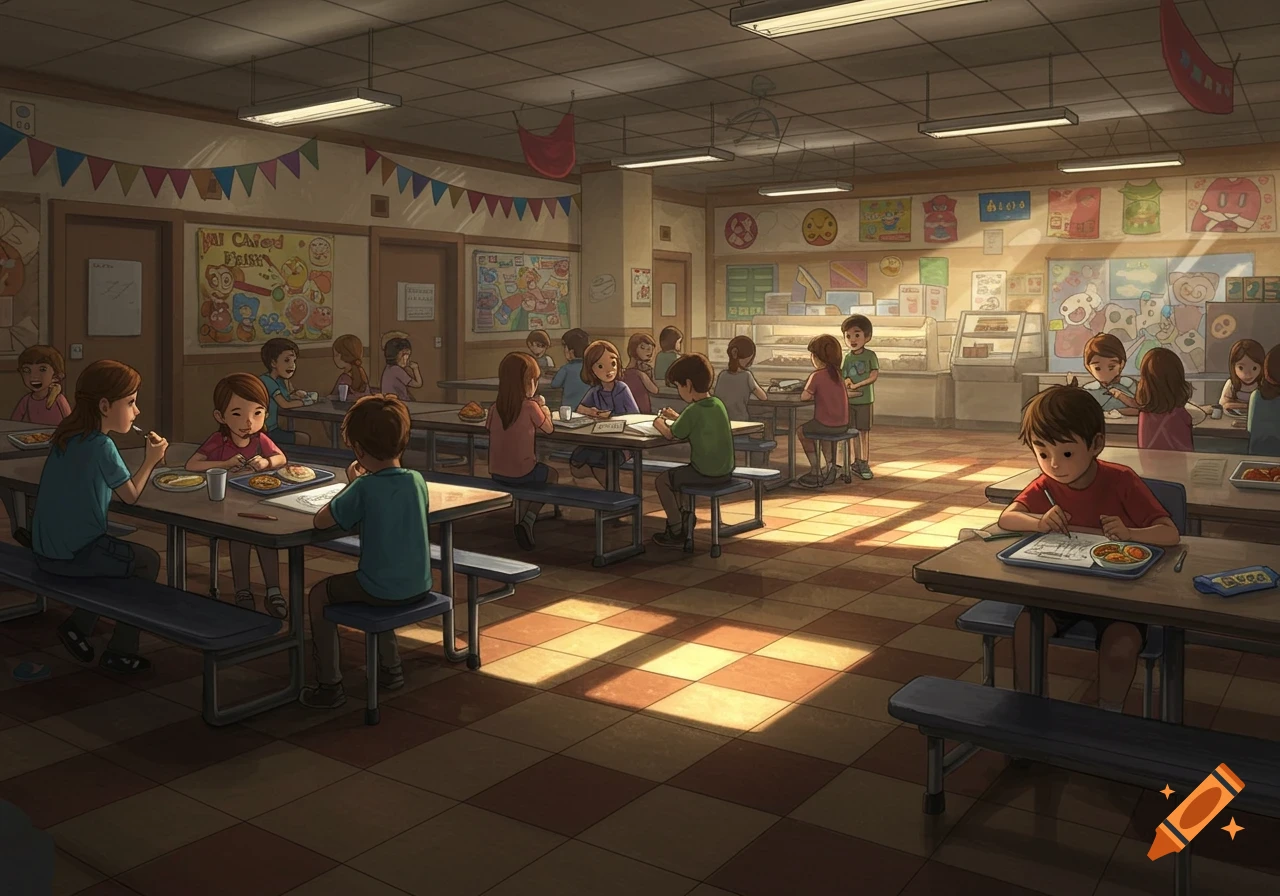 A cartoon illustration of children eating lunch in a school cafeteria with sunlight shining through windows.