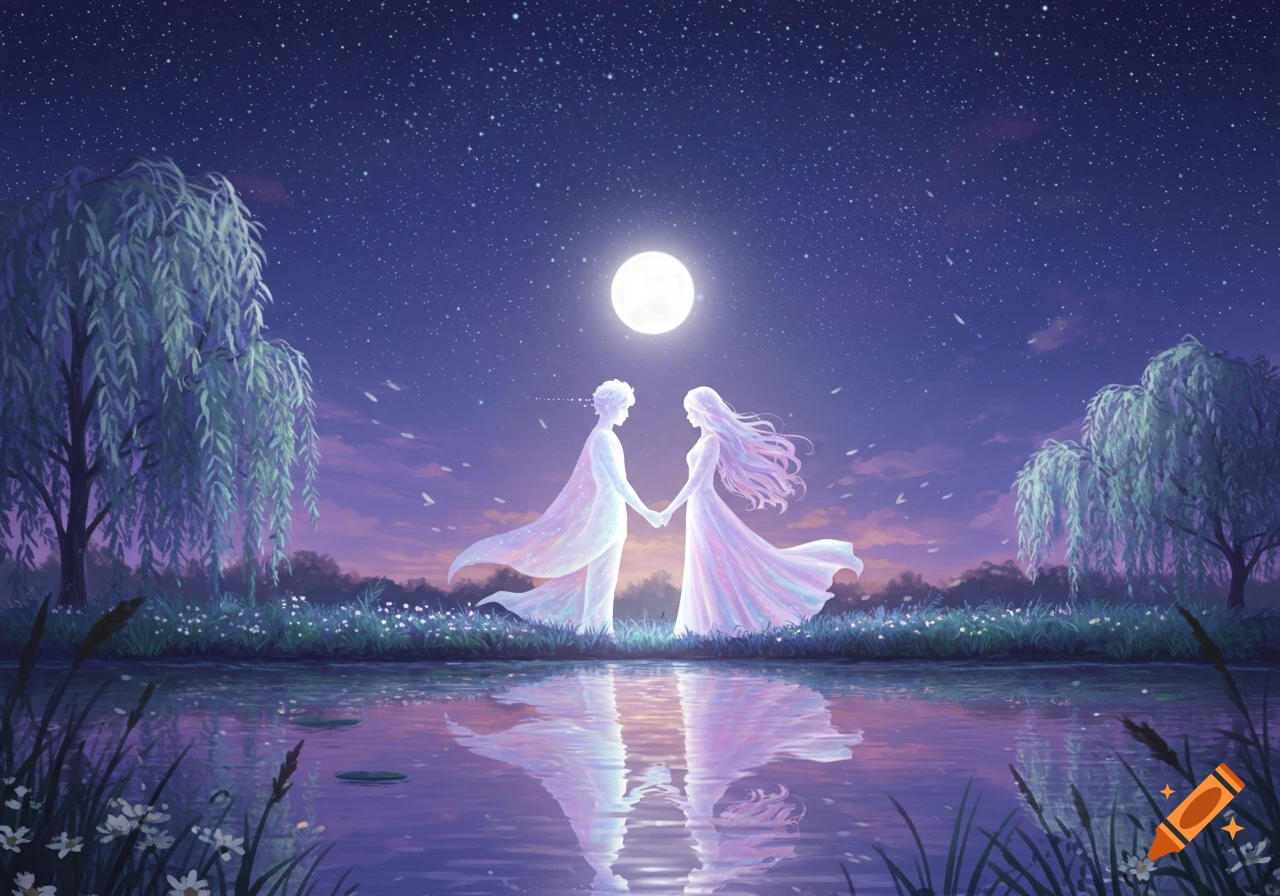 A luminous couple stands hand-in-hand by a reflective lake under a bright full moon and starry night, surrounded by weeping willow trees.