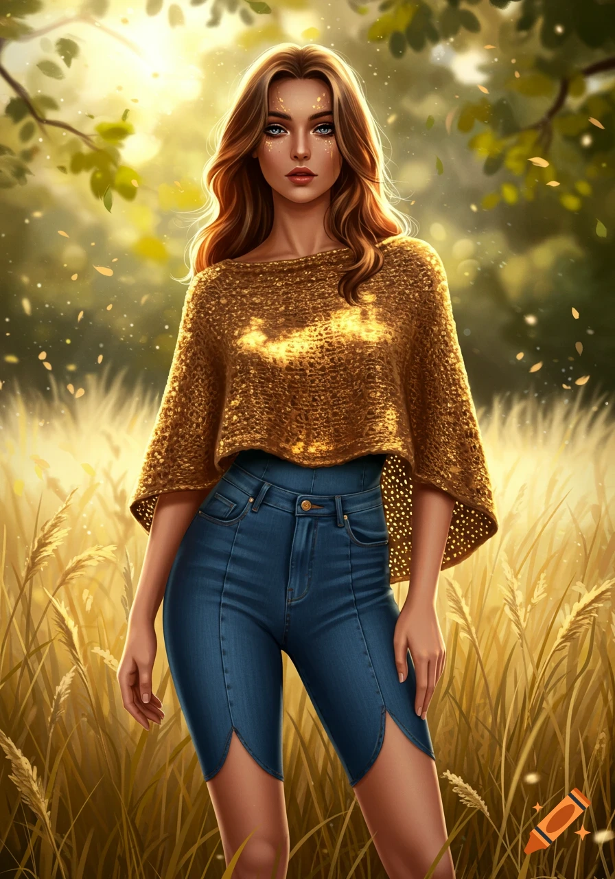 A woman in a golden knitted poncho and denim shorts stands in a sunlit field of tall golden grass.