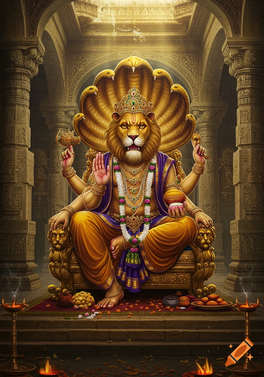 A majestic golden lion-headed deity with multiple arms, adorned in jewels and robes, seated on an ornate golden cobra throne in a temple.