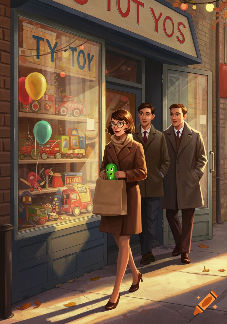 A woman with glasses leaves a toy store on a sunny street, holding a shopping bag with a green pickle toy peeking out. Two men follow closely behind her.
