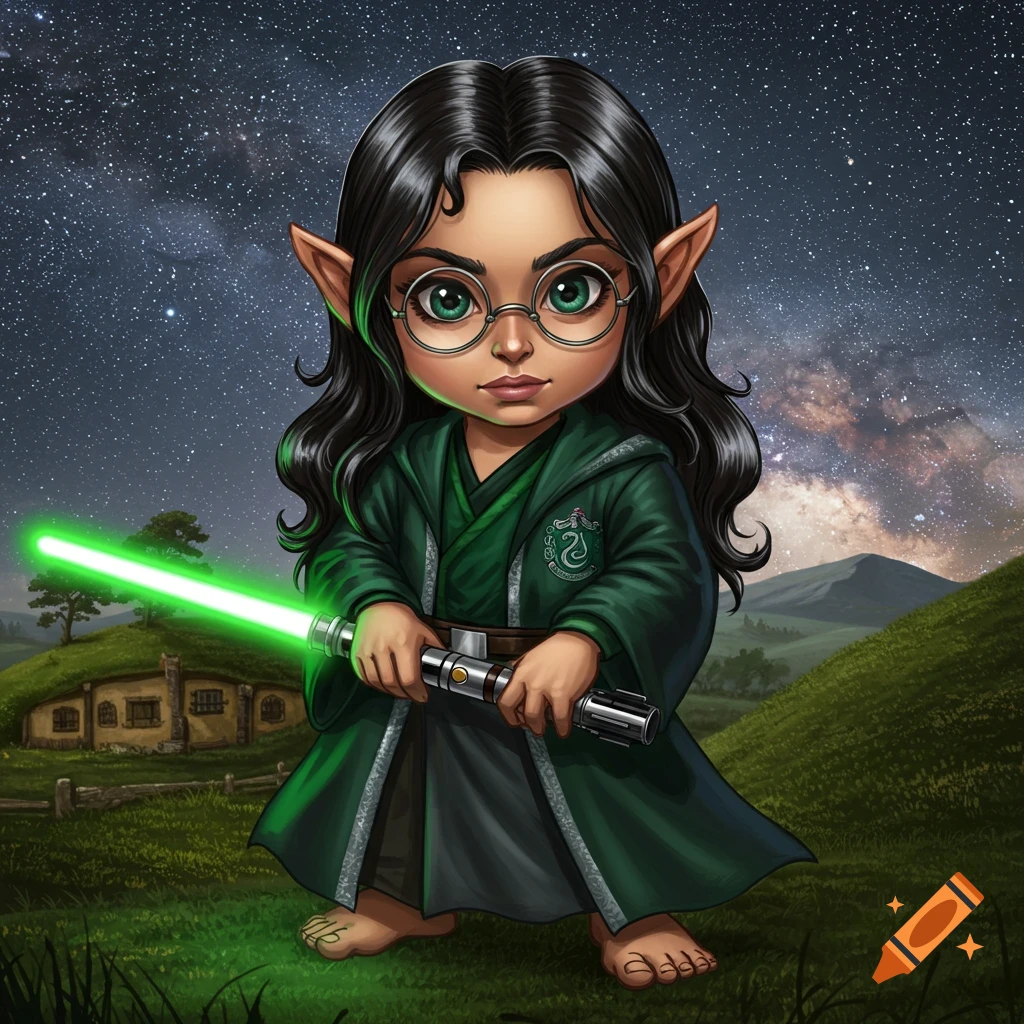 Chibi-style character with long dark hair, glasses, and elf ears, wearing green Slytherin robes and holding a green lightsaber. Set against a starry sky with a Hobbit hole and rolling hills in the background.